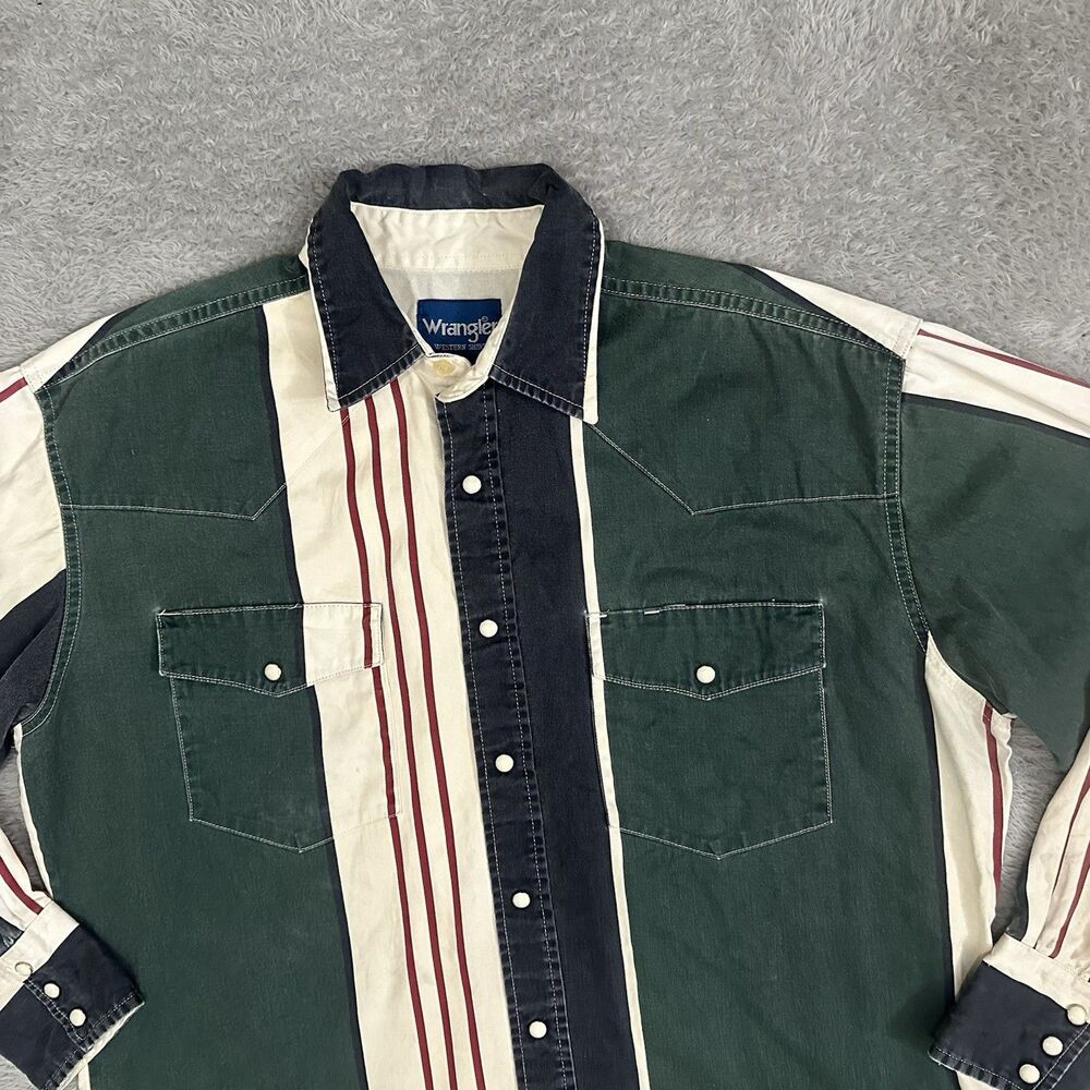 Wrangler Pearl Snap Brushpopper Striped Green Ivory Western Rodeo Cowboy Men’s L